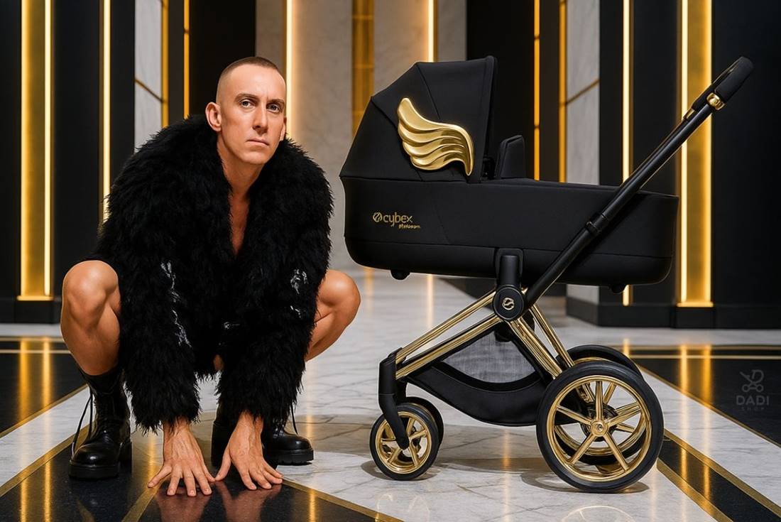 Cybex Priam Wings by Jeremy Scott – luksusowy wózek kolekcja platinum z czarną tapicerką i złotymi skrzydłami, symbol prestiżu.